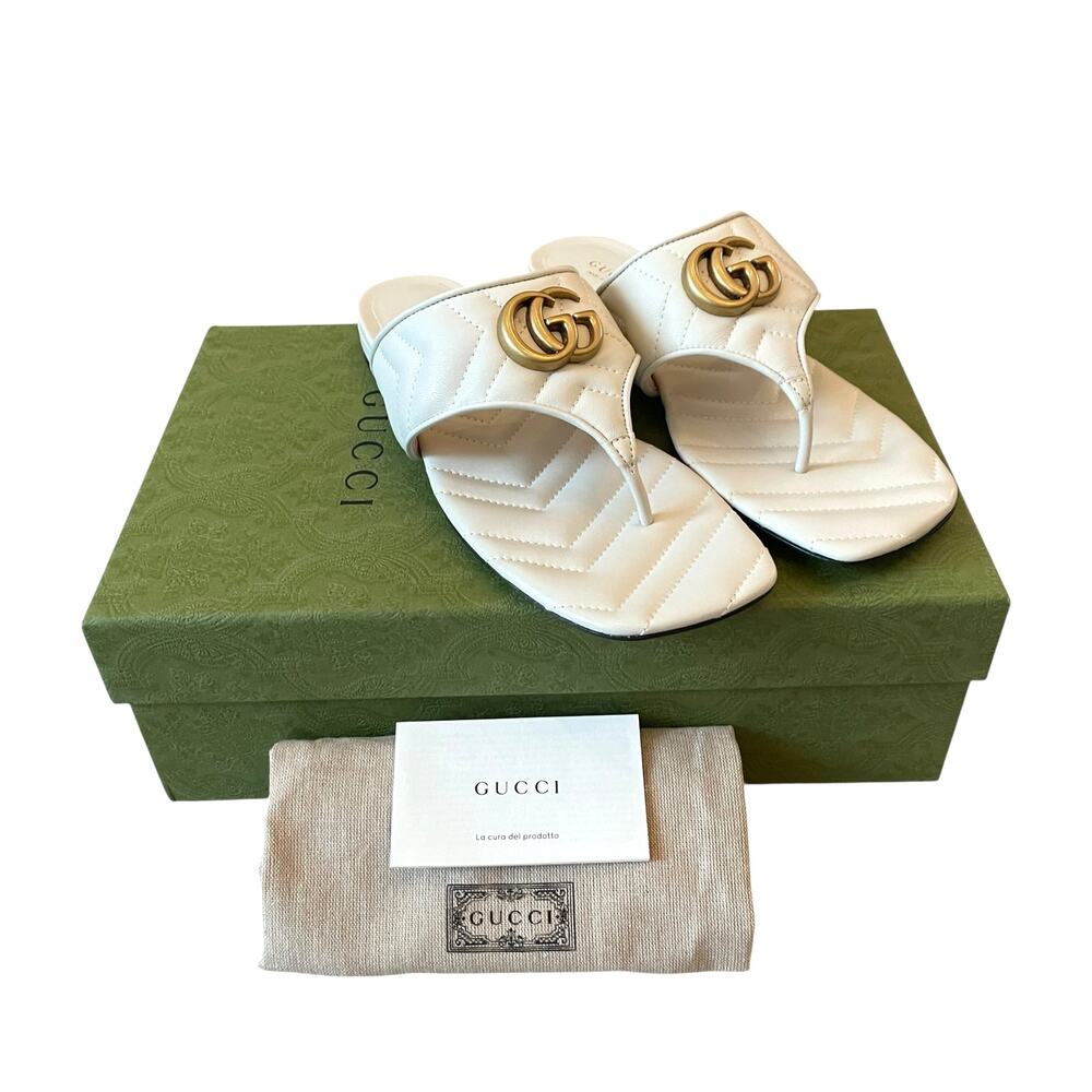 Gucci GG Marmont Matelasse Leather Flip Flop Sandals Cream White Sz 37.5 US 7.5 - Picture 16 of 16